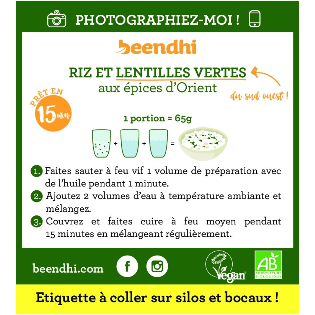 beendi RIZ ET LENTILLES VERTES aux épices d'Orient 5kg *